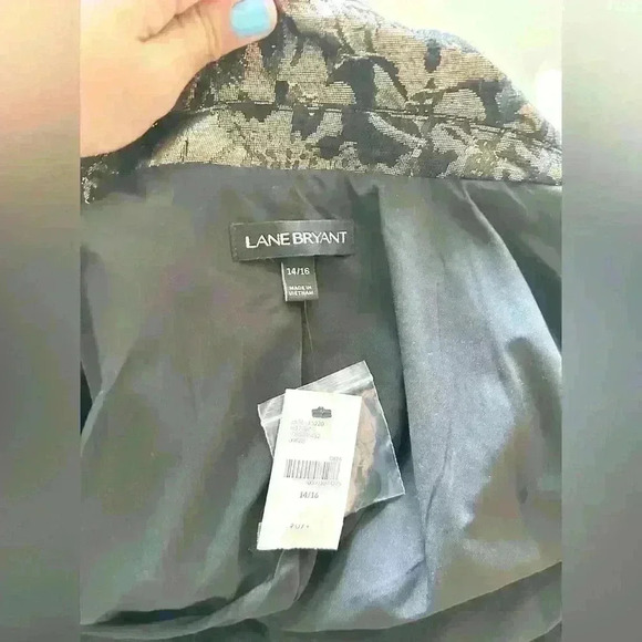 Lane Bryant Plus Size Jacquard Gold Black Midi Length Double Breasted Blazer - Picture 9 of 10